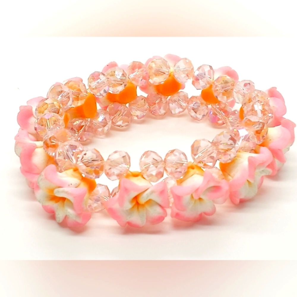 Ab Rhinestone and Flower Shape Beaded Stretch Bracelet Summer Colora